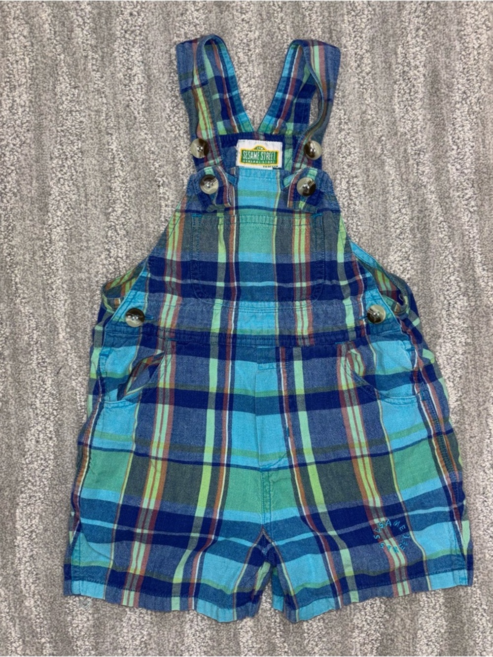 VTG Sesame Street Plaid Short Overalls Embroidered Buttons Y2K Boys Size 3T